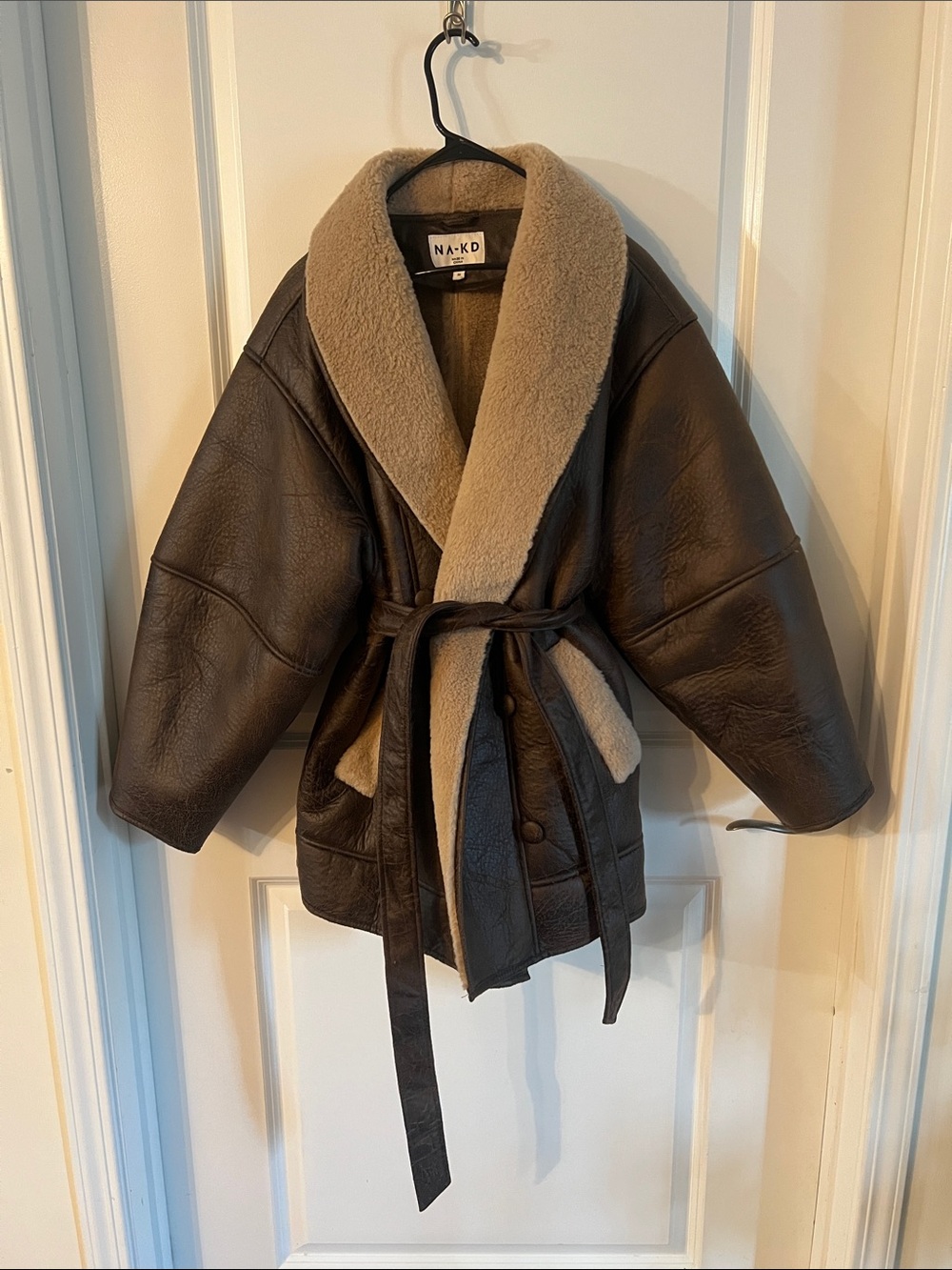 Brown Faux Shearling Belted Coat